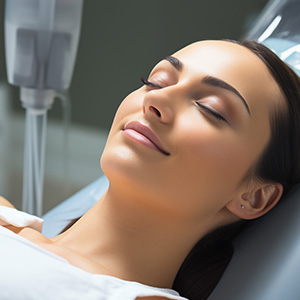 The image shows a woman lying on her back in a medical setting, with her eyes closed and a serene expression.